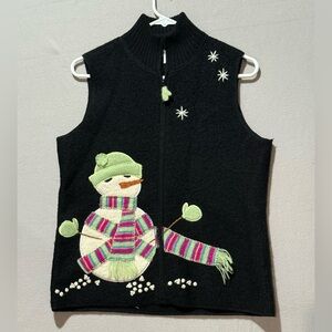 Coldwater Creek 100% Wool Embroidered Snowman Zip-Up Vest Small Christmas Women